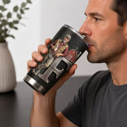 Any Photo, Holding Any Item - Personalized Farmer Tumbler With Custom Name & Initial