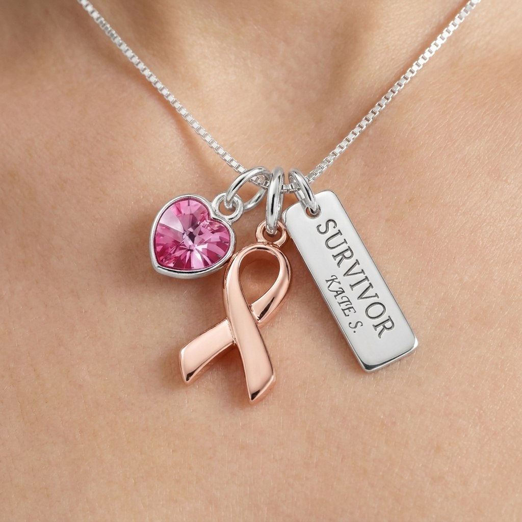 Breast Cancer Awareness Necklace - Personalized Survivor Name Charm Gift