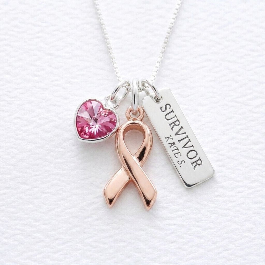 Breast Cancer Awareness Necklace - Personalized Survivor Name Charm Gift
