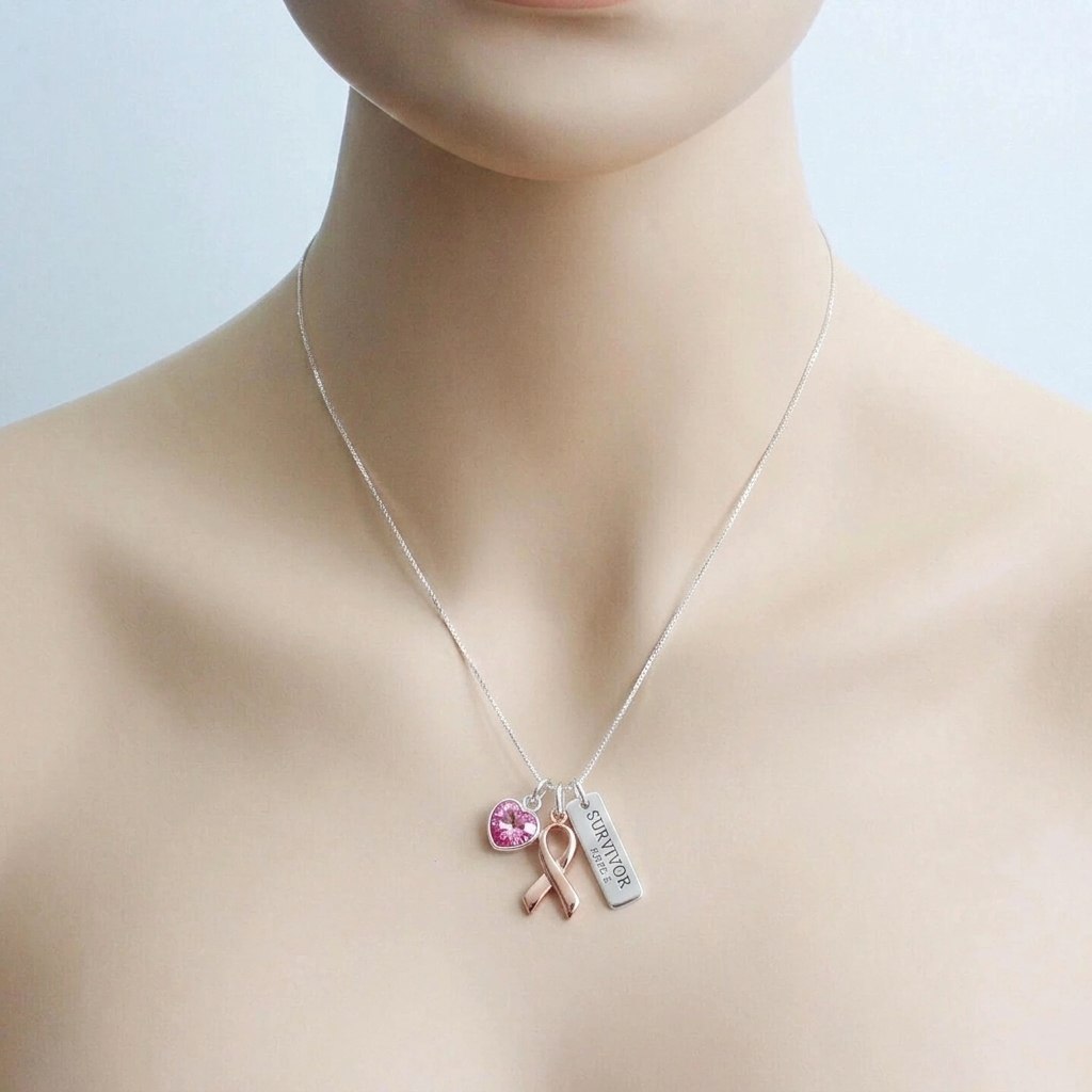 Breast Cancer Awareness Necklace - Personalized Survivor Name Charm Gift
