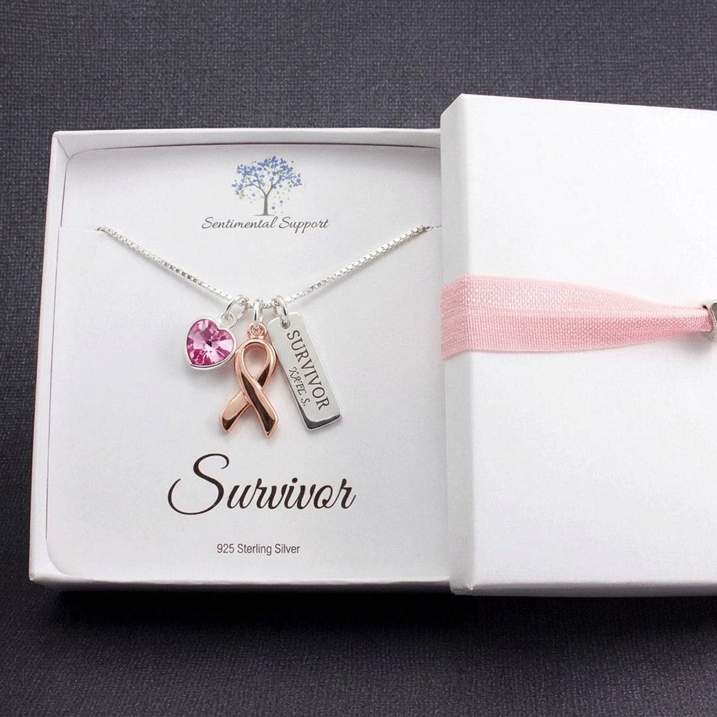 Breast Cancer Awareness Necklace - Personalized Survivor Name Charm Gift