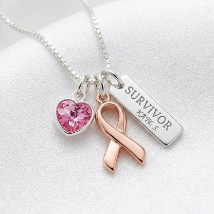 Breast Cancer Awareness Necklace - Personalized Survivor Name Charm Gift