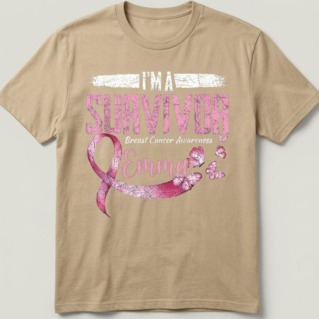 I'm A Survivor - Personalized Breast Cancer Awareness Shirt With Custom Name