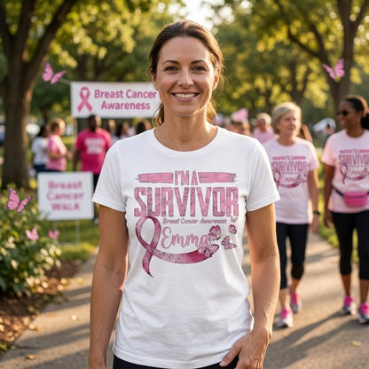 I'm A Survivor - Personalized Breast Cancer Awareness Shirt With Custom Name