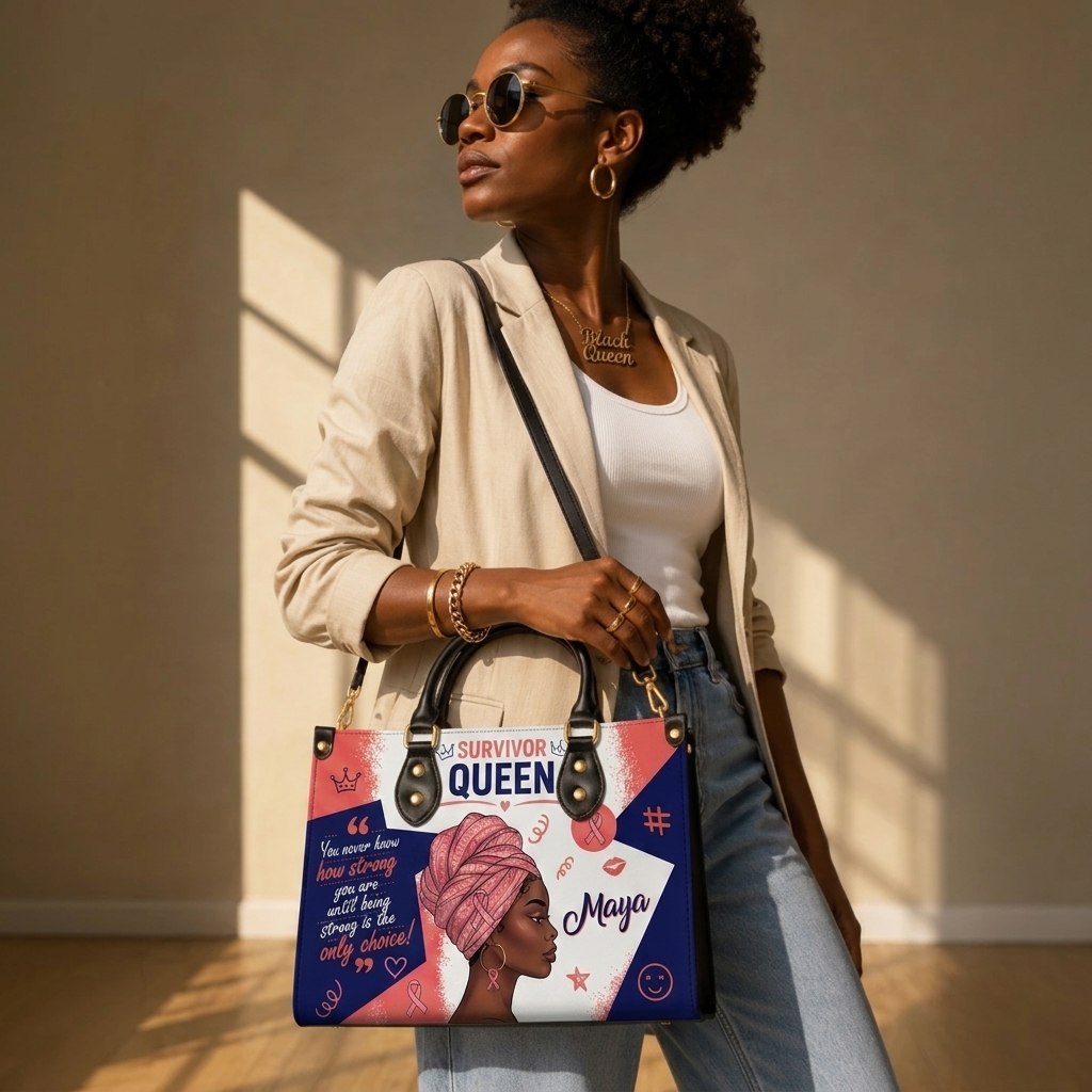Personalized Breast Cancer Survivor Queen PU Leather Handbag with Custom Name for Black Women