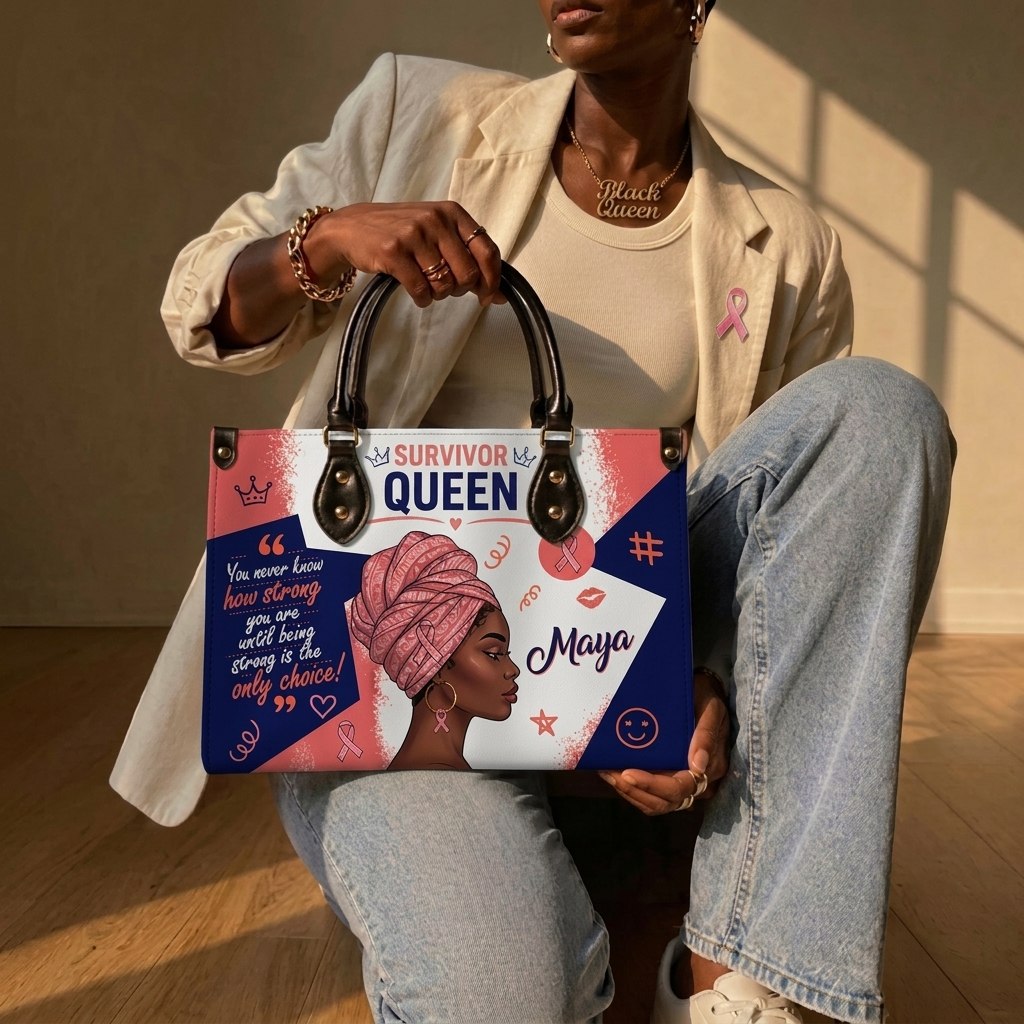 Personalized Breast Cancer Survivor Queen PU Leather Handbag with Custom Name for Black Women
