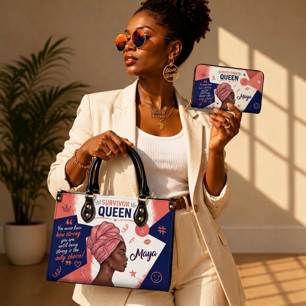 Personalized Breast Cancer Survivor Queen PU Leather Handbag with Custom Name for Black Women