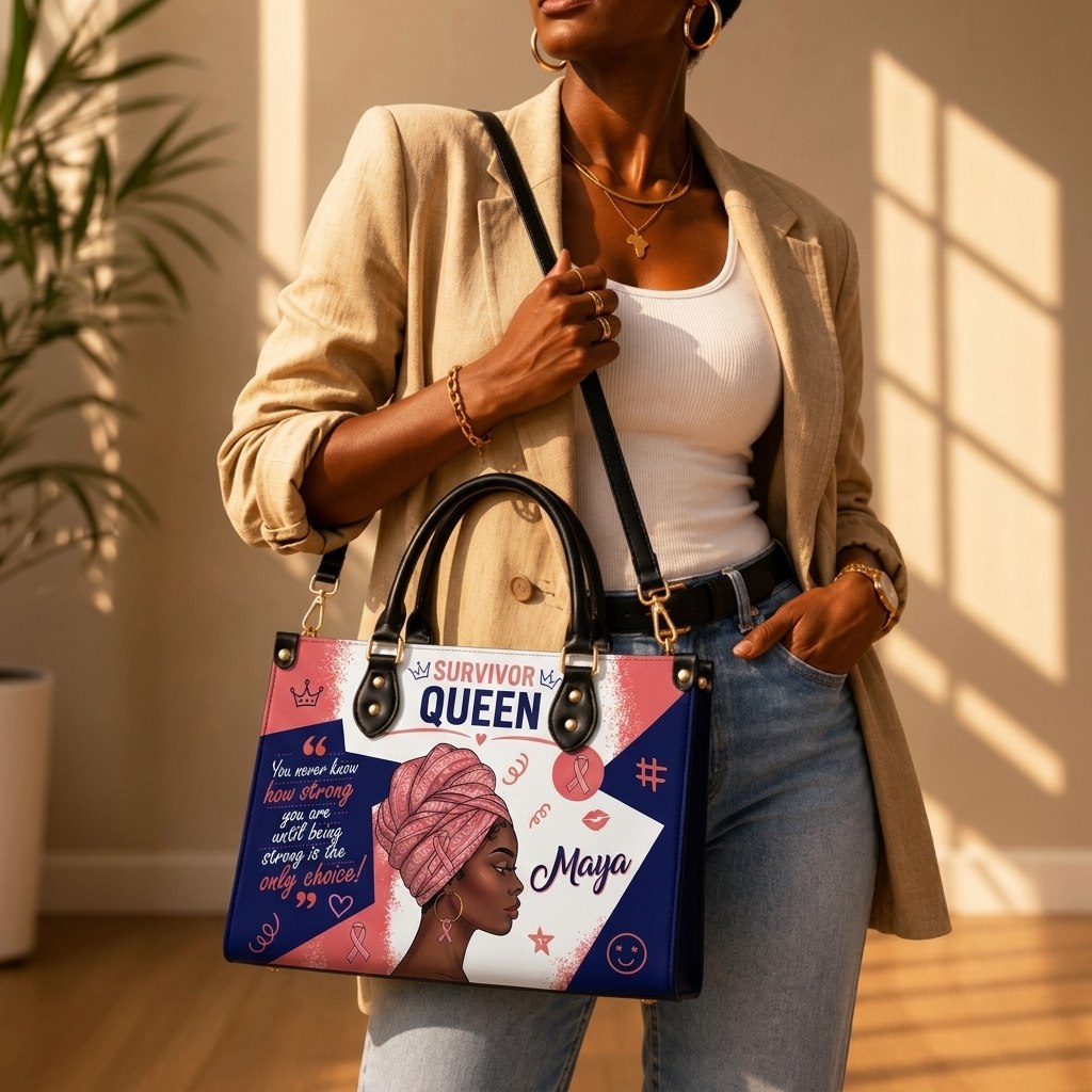 Personalized Breast Cancer Survivor Queen PU Leather Handbag with Custom Name for Black Women