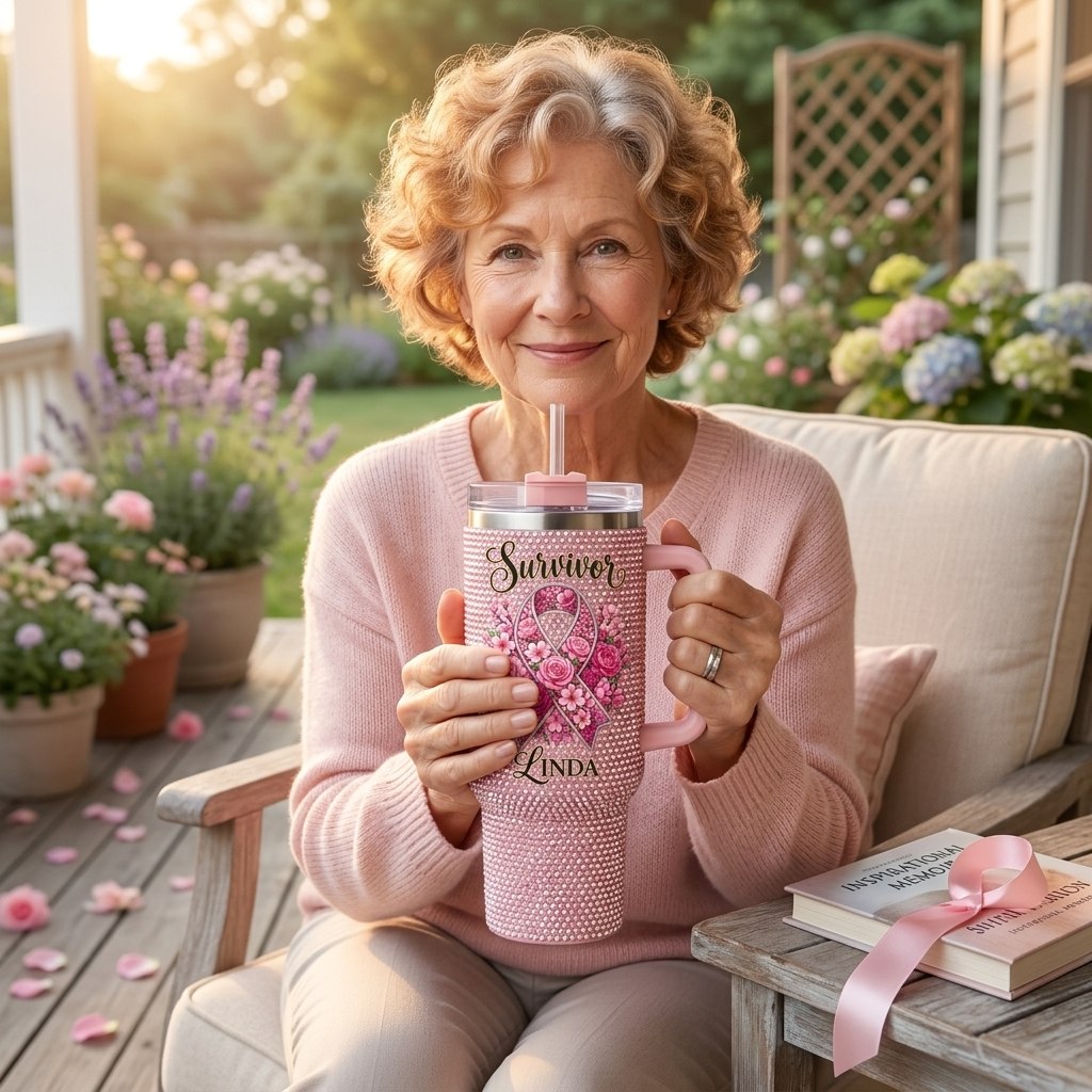 Personalized Breast Cancer Survivor Rhinestone 40 Oz Tumbler with Custom Name