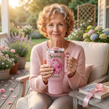Personalized Breast Cancer Survivor Rhinestone 40 Oz Tumbler with Custom Name