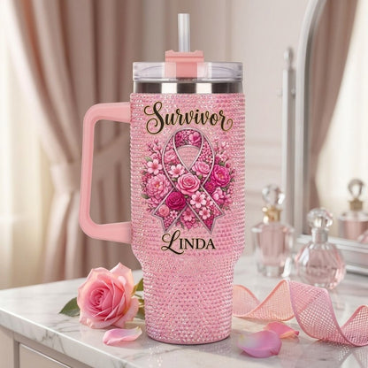 Personalized Breast Cancer Survivor Rhinestone 40 Oz Tumbler with Custom Name