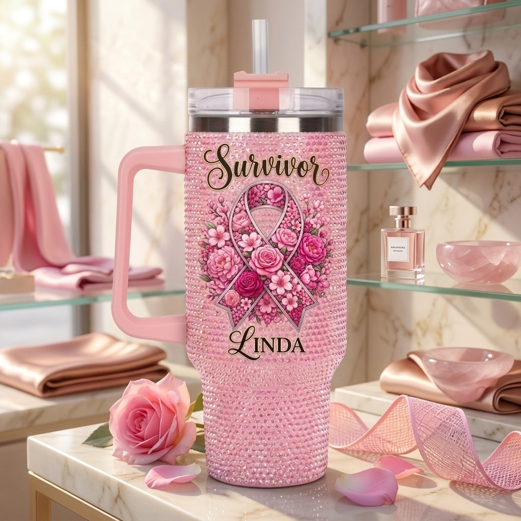 Personalized Breast Cancer Survivor Rhinestone 40 Oz Tumbler with Custom Name
