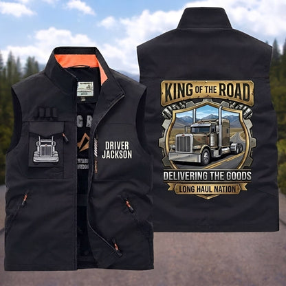 Personalized King of the Road Trucker Multi-Pocket Vest with Custom Name