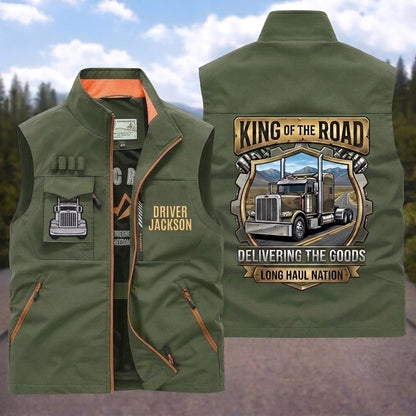 Personalized King of the Road Trucker Multi-Pocket Vest with Custom Name