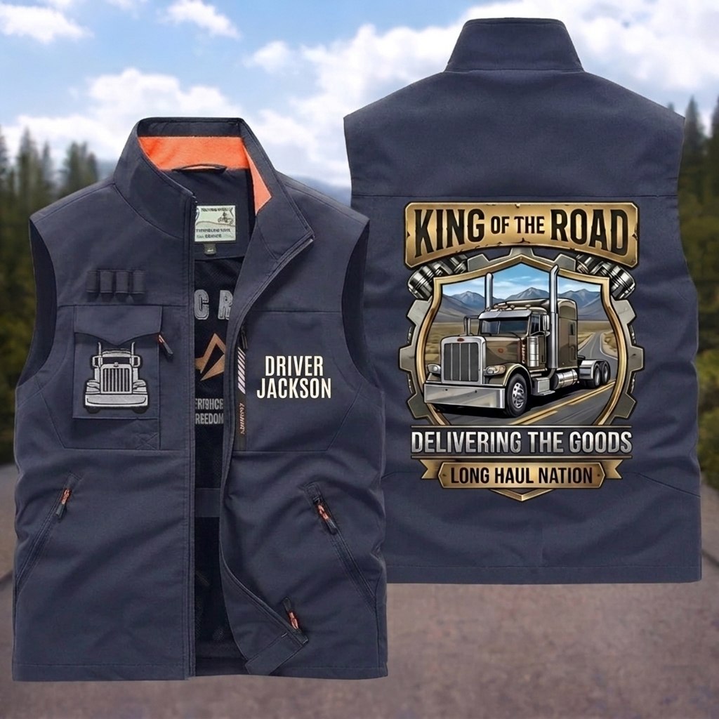 Personalized King of the Road Trucker Multi-Pocket Vest with Custom Name
