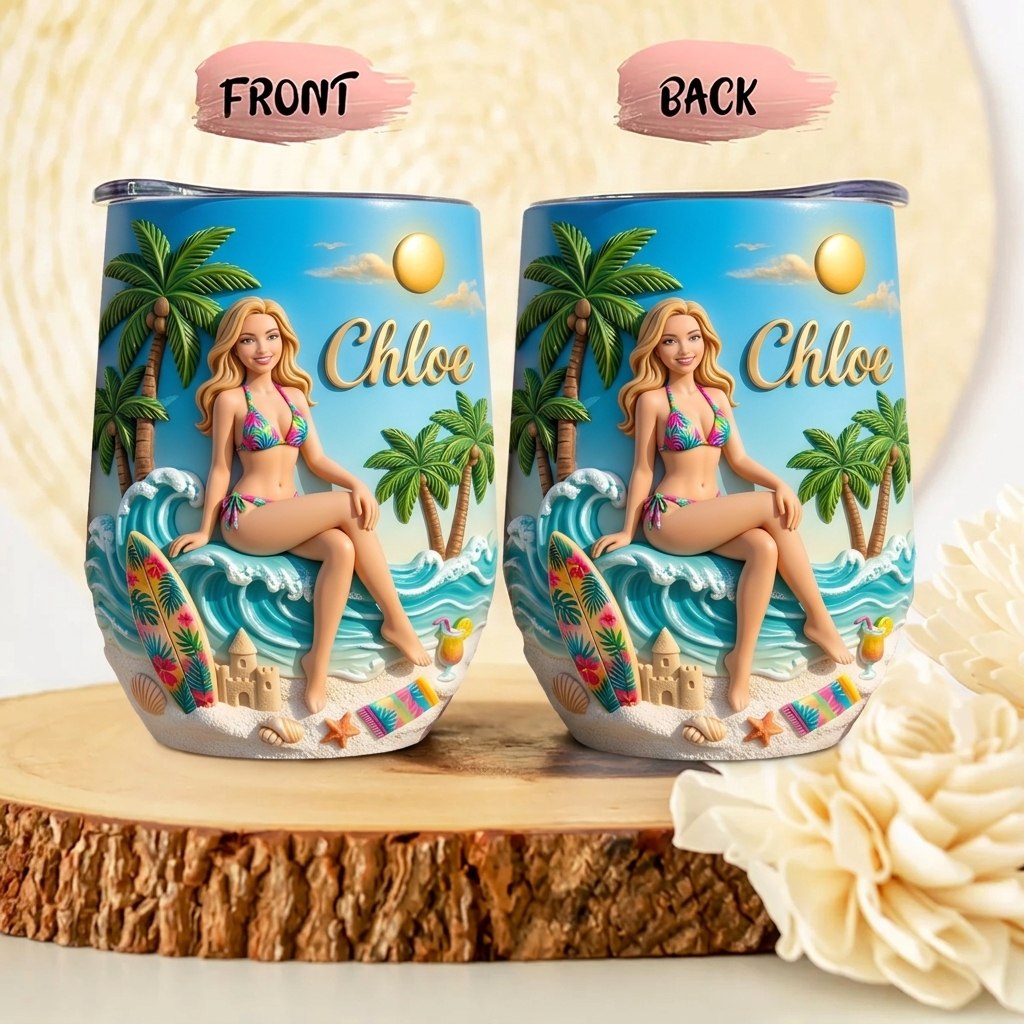 Endless Summer Beach Girl Personalized Wine Tumbler – Custom Name Tropical Ocean Lover Gift for Women