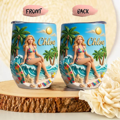 Endless Summer Beach Girl Personalized Wine Tumbler – Custom Name Tropical Ocean Lover Gift for Women