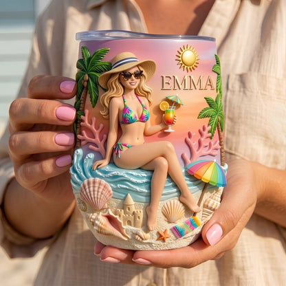Endless Summer Beach Girl Personalized Wine Tumbler – Custom Name Tropical Ocean Lover Gift for Women