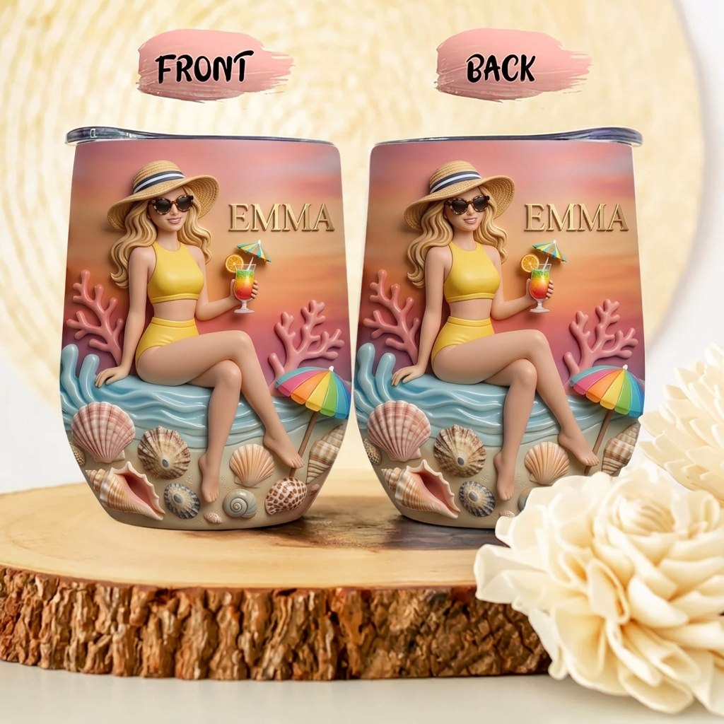 Endless Summer Beach Girl Personalized Wine Tumbler – Custom Name Tropical Ocean Lover Gift for Women
