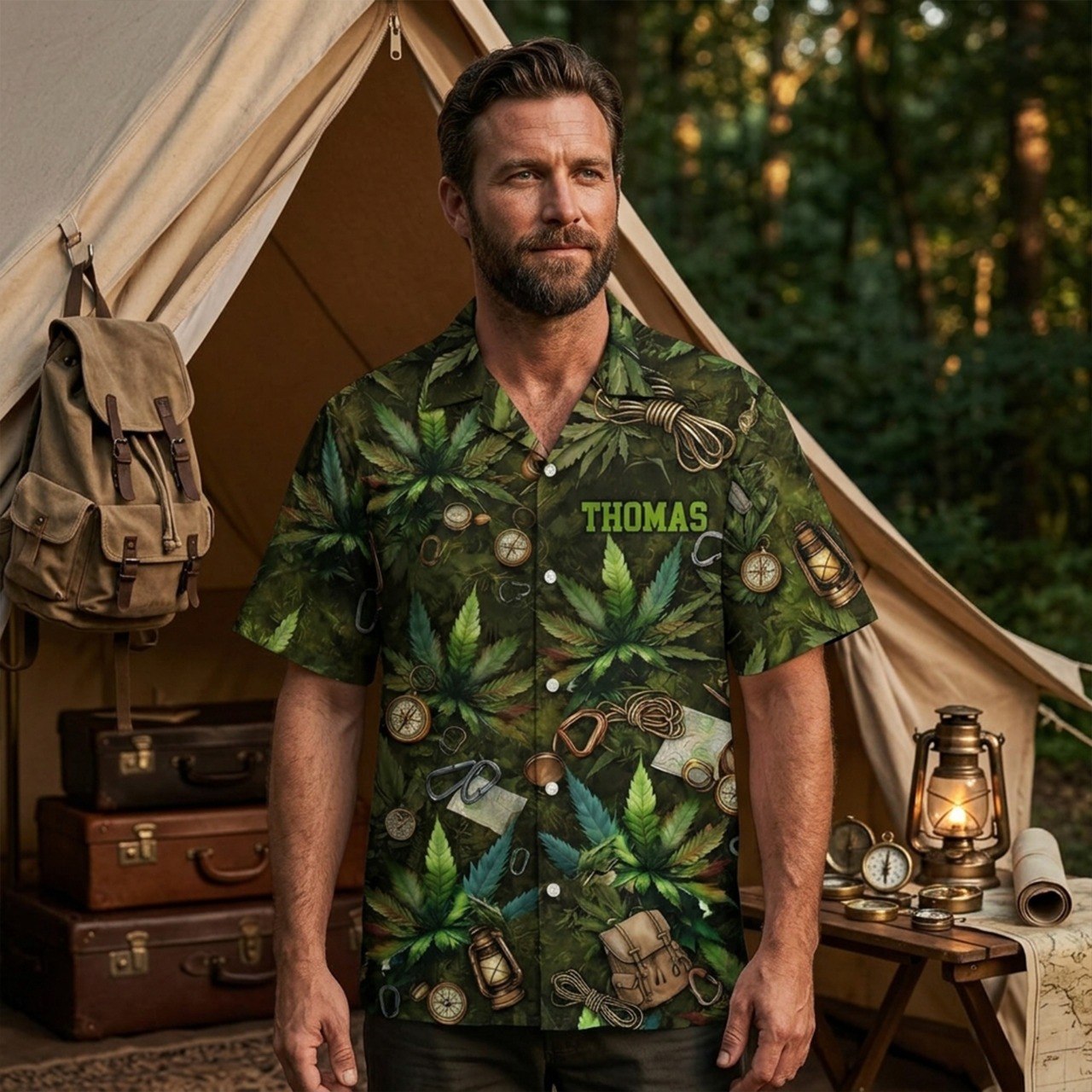 Personalized Weed Camping Hawaiian Shirt – Custom Name Adventure Aloha Shirt