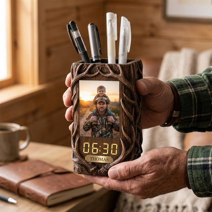 Hunting Dad & Me - Personalized Pen Holder with Clock and Photo
