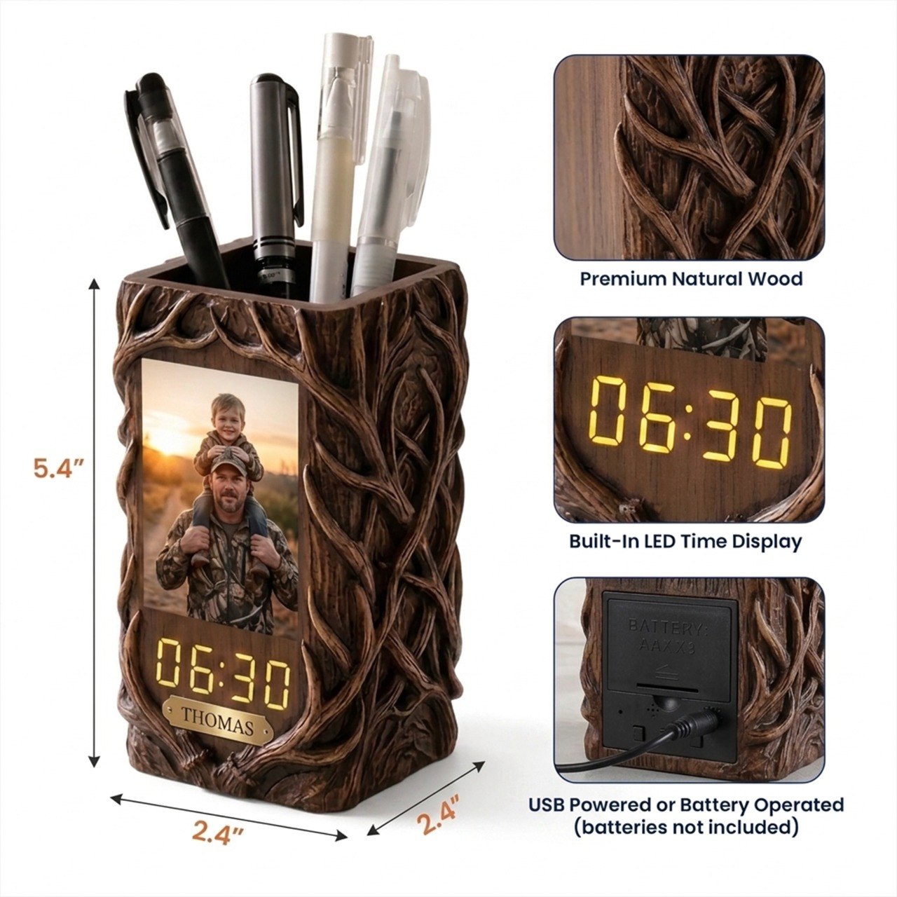 Hunting Dad & Me - Personalized Pen Holder with Clock and Photo