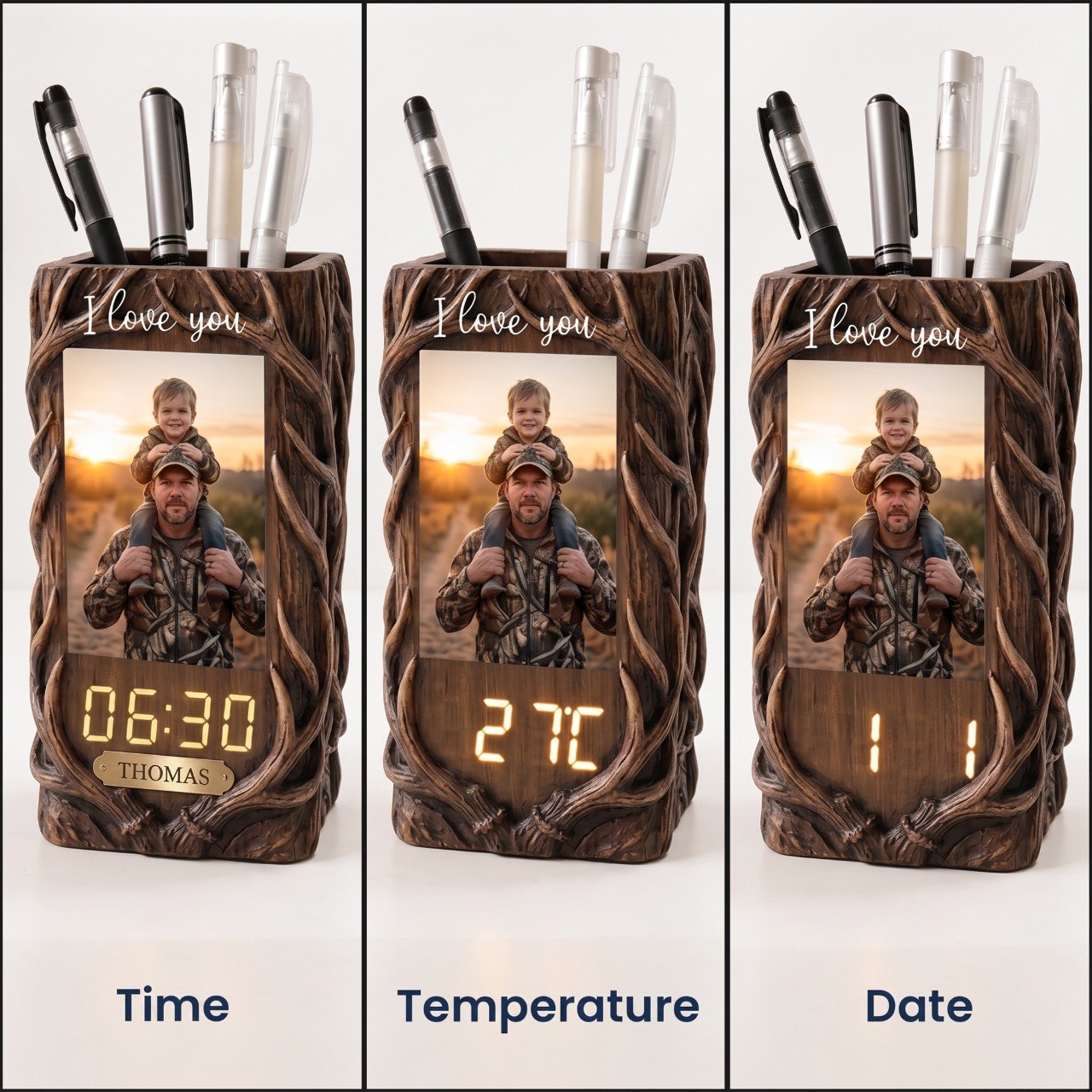 Hunting Dad & Me - Personalized Pen Holder with Clock and Photo