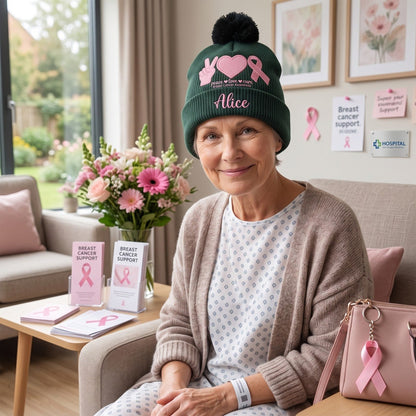 Peace Love Cure Pink Ribbon - Personalized Breast Cancer Awareness Beanie Hat