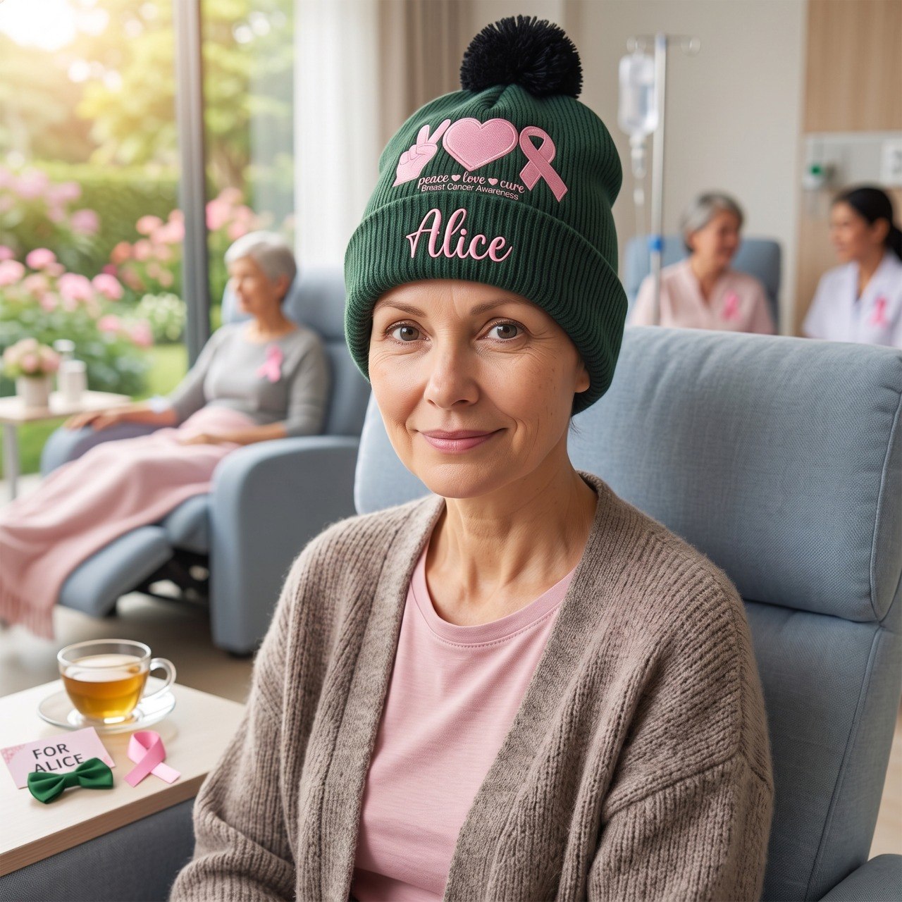 Peace Love Cure Pink Ribbon - Personalized Breast Cancer Awareness Beanie Hat