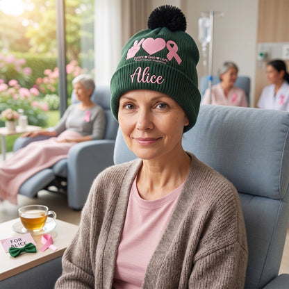 Peace Love Cure Pink Ribbon - Personalized Breast Cancer Awareness Beanie Hat