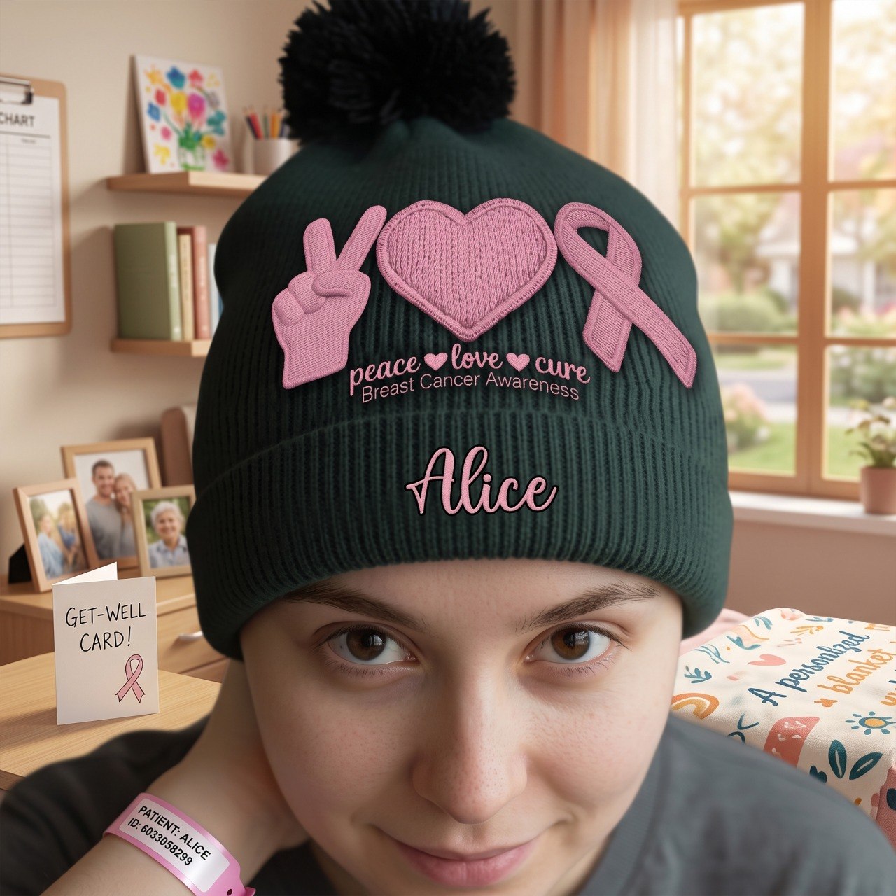Peace Love Cure Pink Ribbon - Personalized Breast Cancer Awareness Beanie Hat