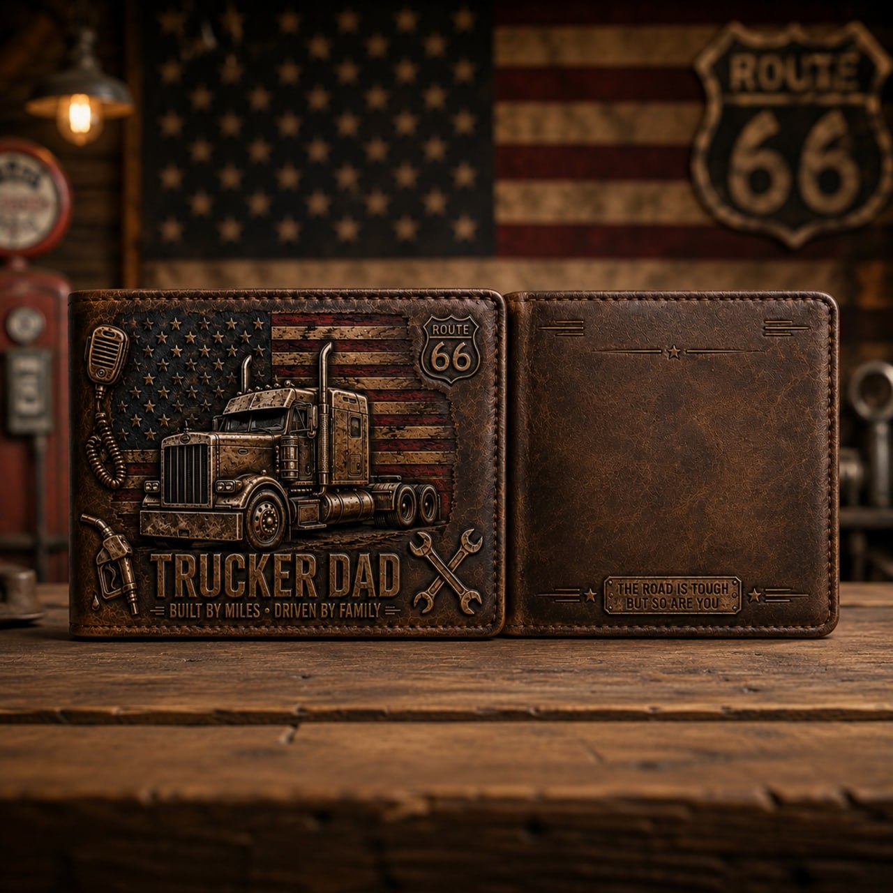Trucker Dad Personalized Leather Wallet – Built by Miles, Driven by Family