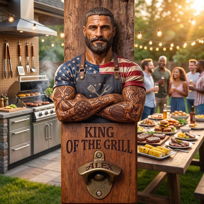 King of the Grill Personalized Wall Bottle Opener - Custom BBQ Dad Gift