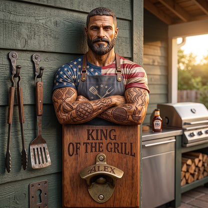 King of the Grill Personalized Wall Bottle Opener - Custom BBQ Dad Gift