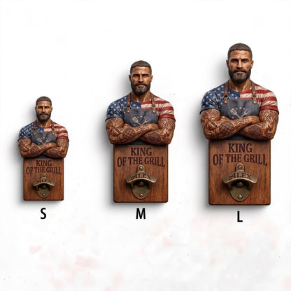 King of the Grill Personalized Wall Bottle Opener - Custom BBQ Dad Gift