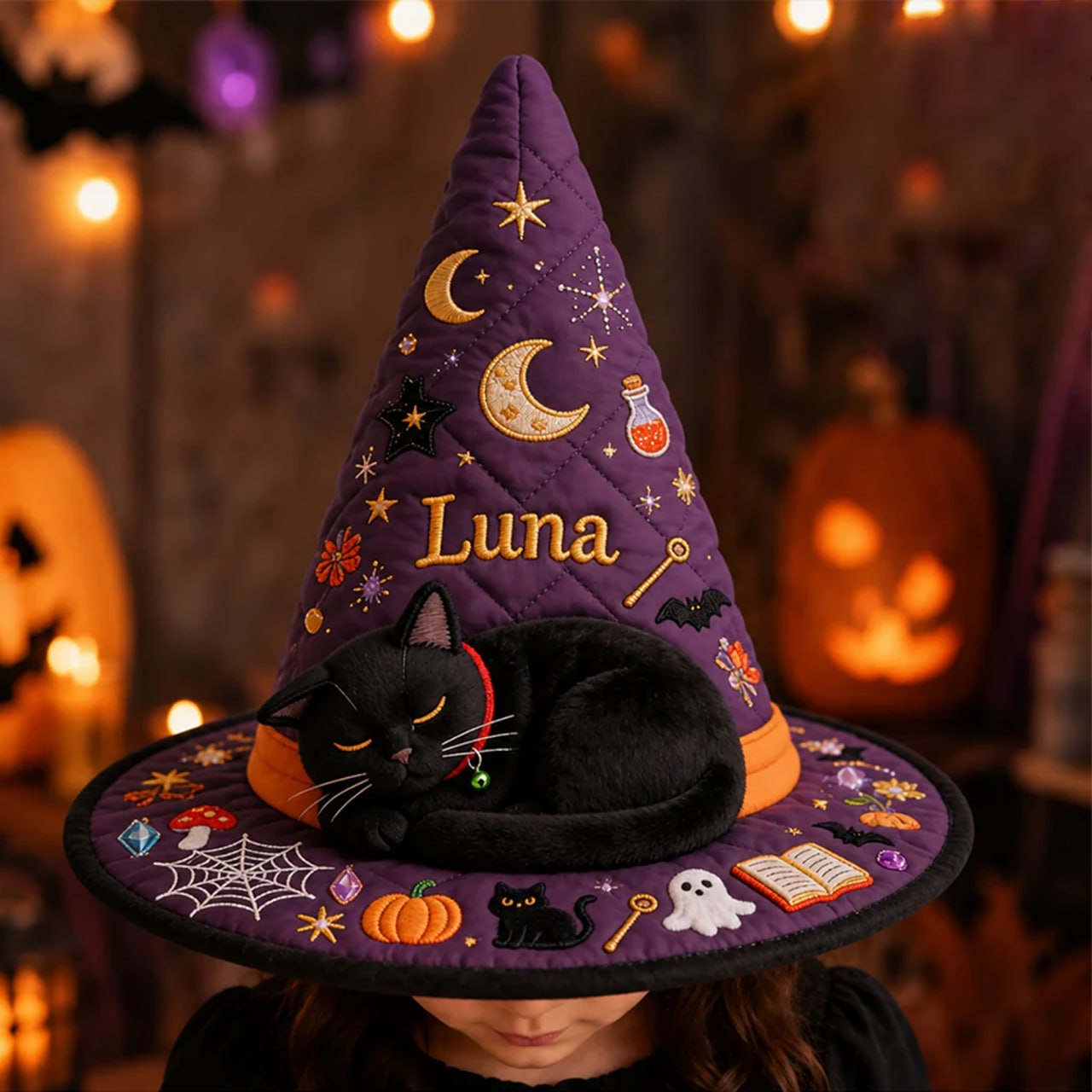 Personalized Cat Witch Hat With Custom Name – Halloween Gift For Cat Lovers, Cute Pet Costume Keepsake