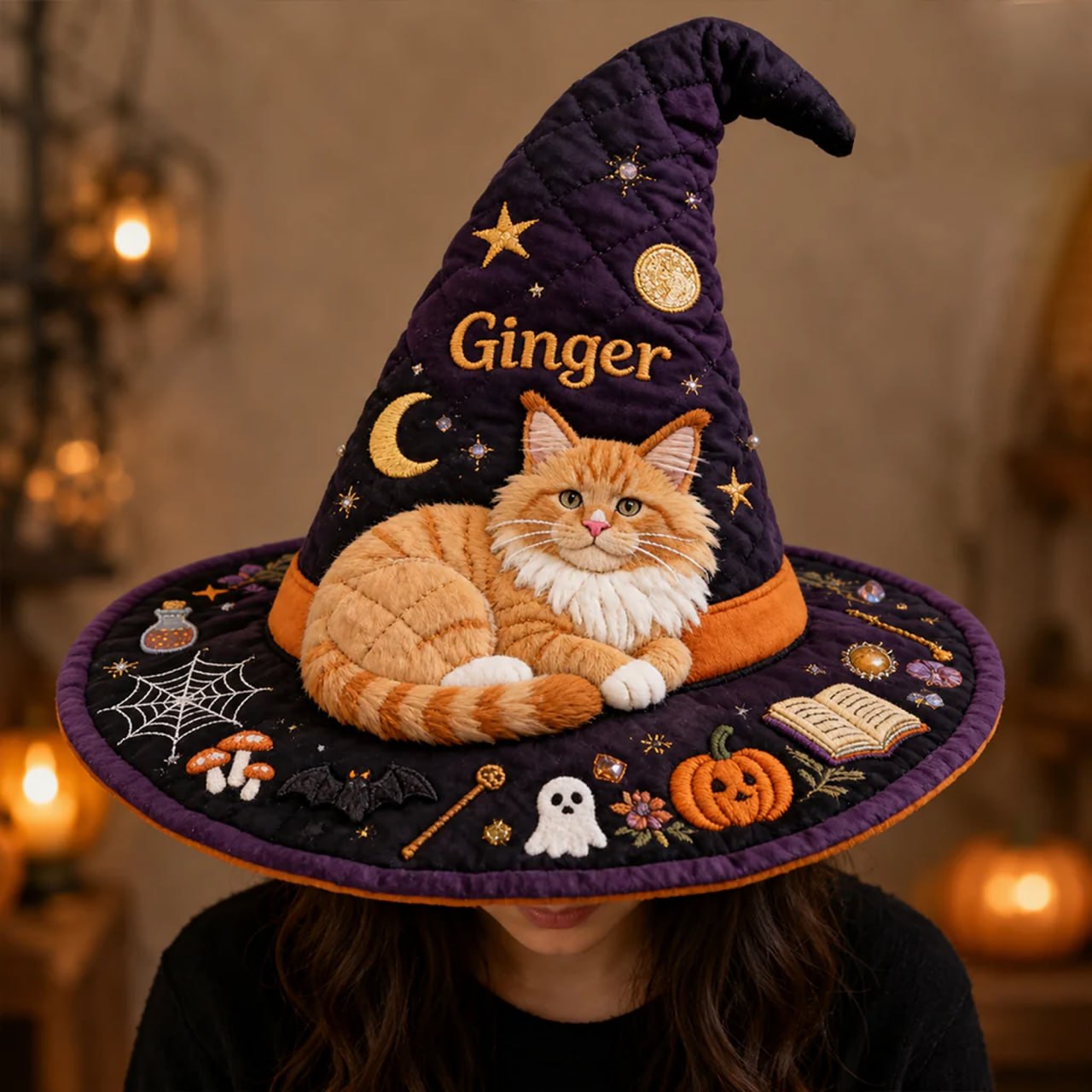 Personalized Cat Witch Hat With Custom Name – Halloween Gift For Cat Lovers, Cute Pet Costume Keepsake