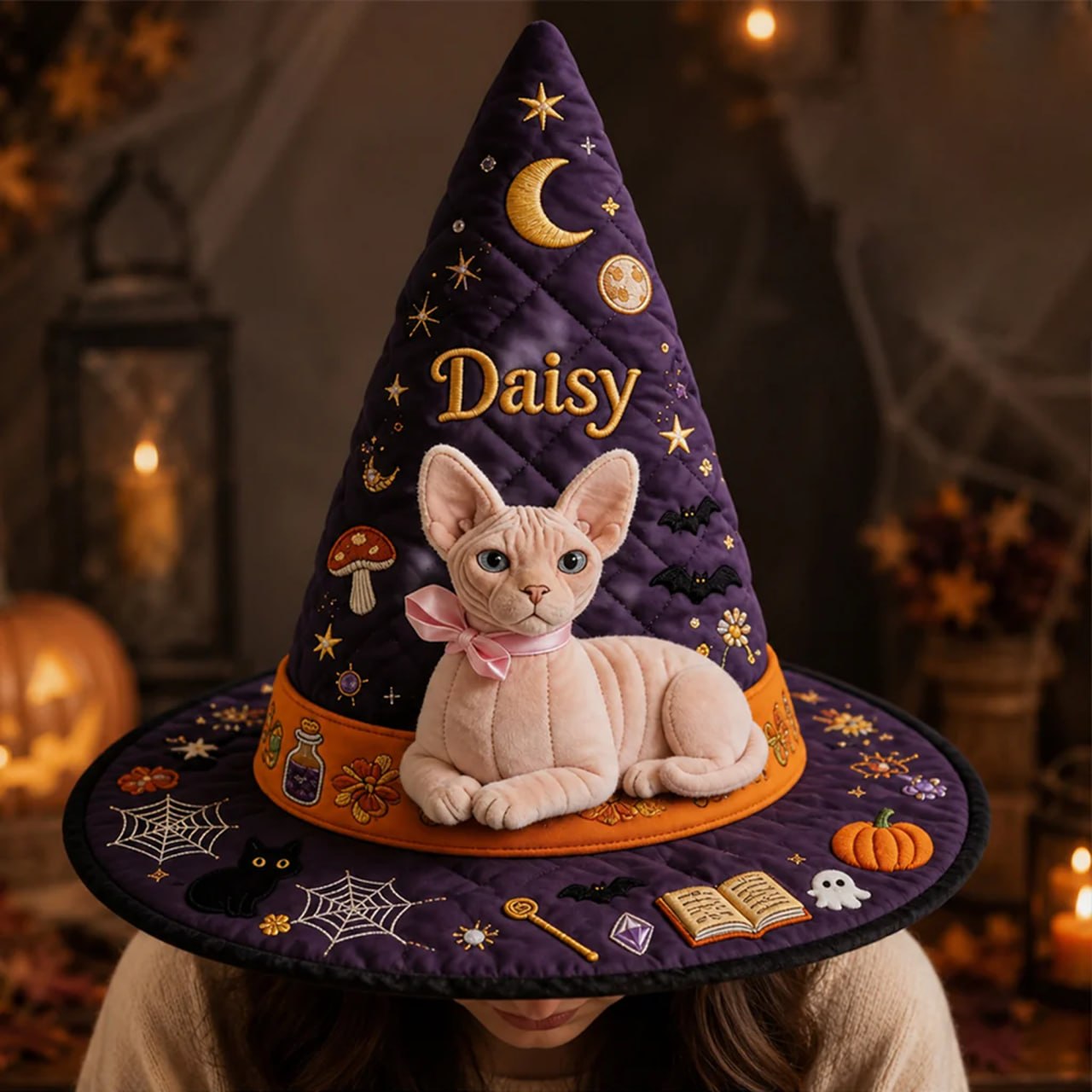 Personalized Cat Witch Hat With Custom Name – Halloween Gift For Cat Lovers, Cute Pet Costume Keepsake