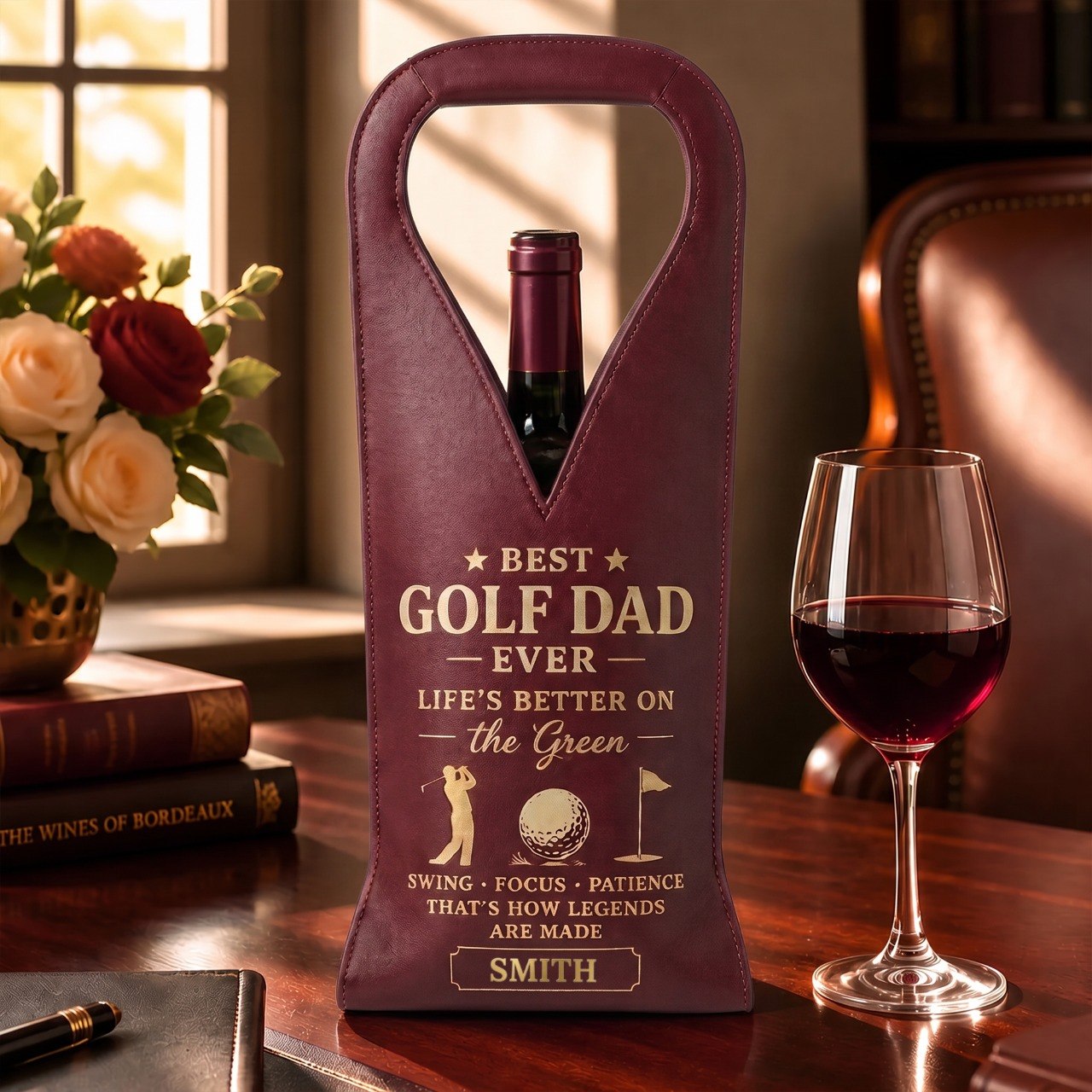 Best Golf Dad Ever, Personalized Custom Leather Wine Bag, Father's Day Gift