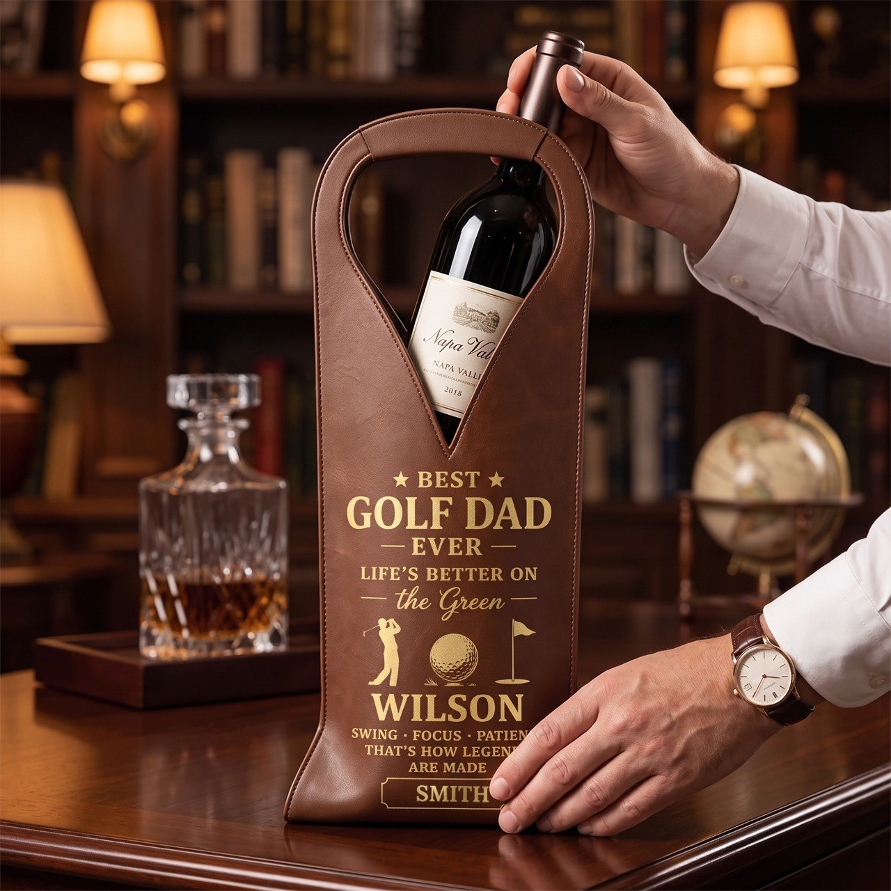 Best Golf Dad Ever, Personalized Custom Leather Wine Bag, Father's Day Gift