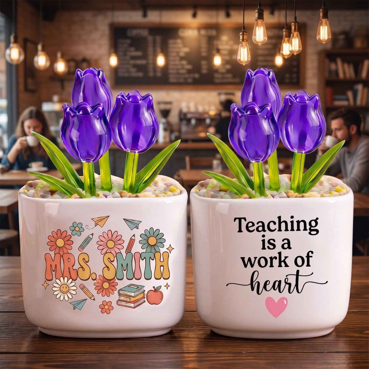 Teaching Is A Work Of Heart, Personalized Glass Everlasting Tulips, Teacher Appreciation Gift