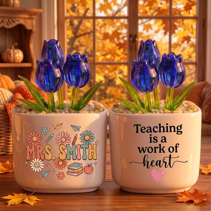Teaching Is A Work Of Heart, Personalized Glass Everlasting Tulips, Teacher Appreciation Gift