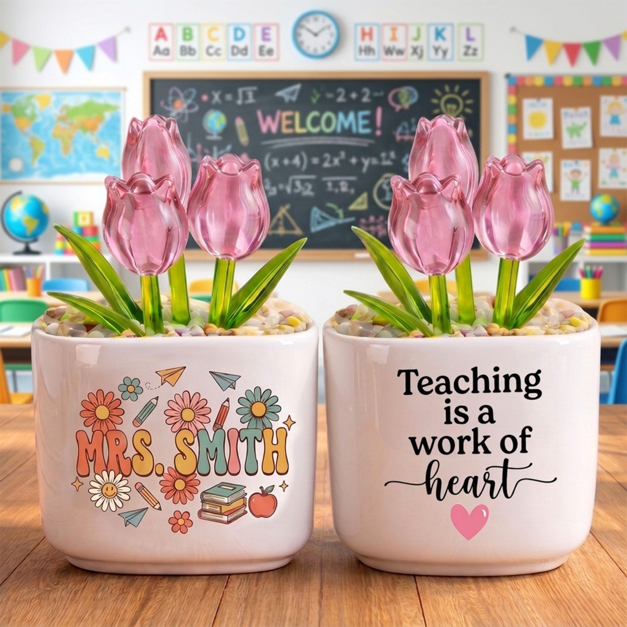 Teaching Is A Work Of Heart, Personalized Glass Everlasting Tulips, Teacher Appreciation Gift