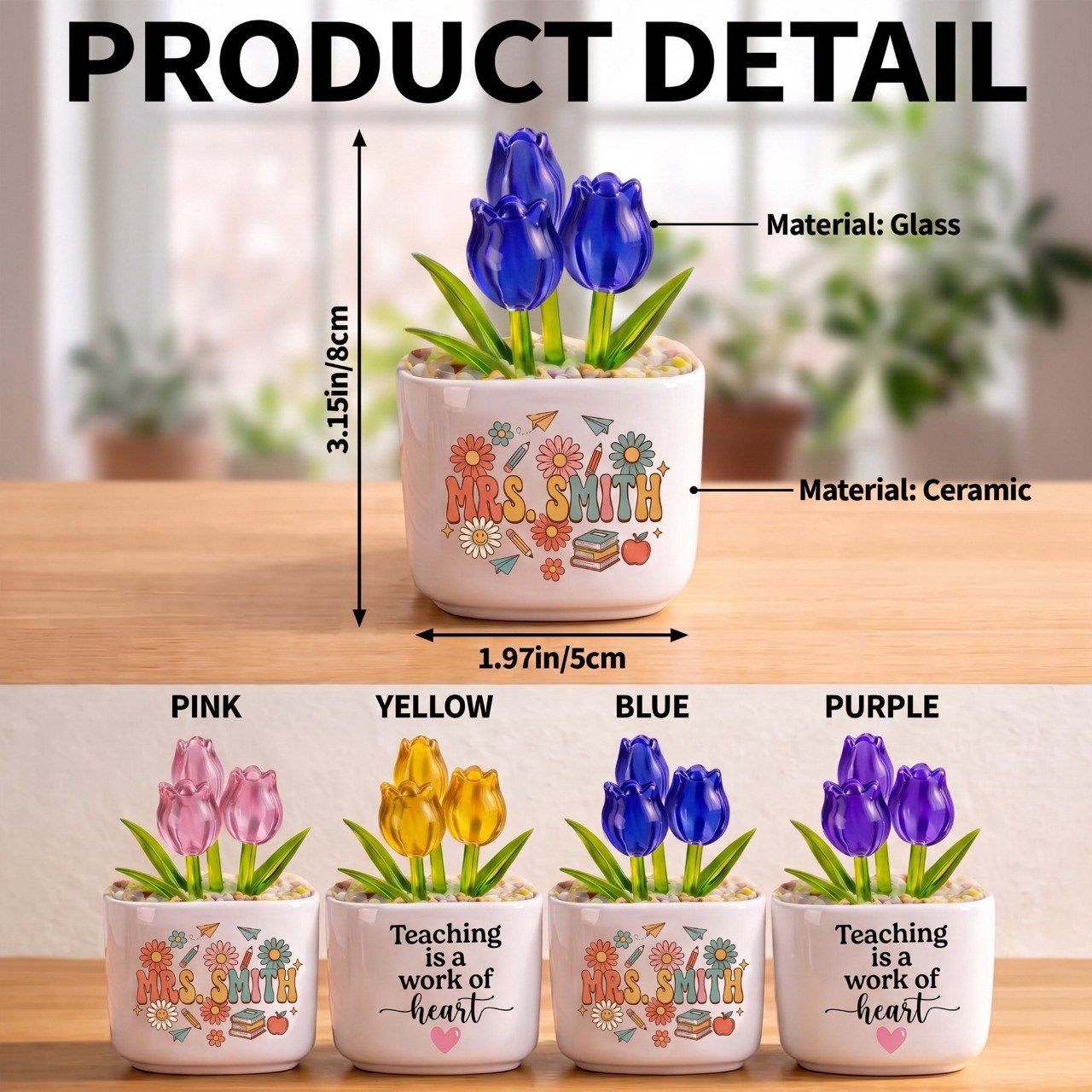 Teaching Is A Work Of Heart, Personalized Glass Everlasting Tulips, Teacher Appreciation Gift