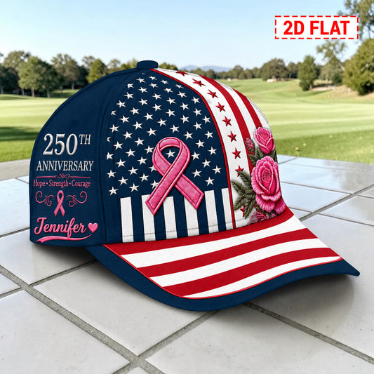 Breast Cancer Awareness 250th Anniversary Personalized Baseball Cap, Custom Name American Flag Pink Ribbon Hat, Survivor Warrior Gift for Women
