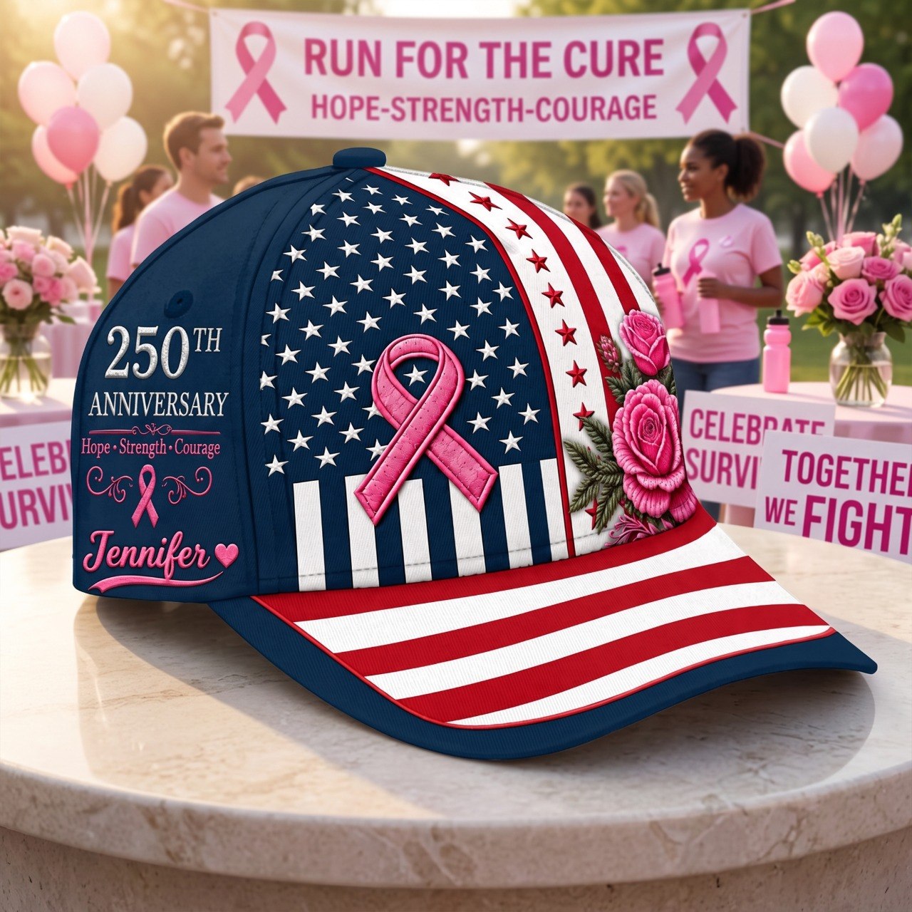 Breast Cancer Awareness 250th Anniversary Personalized Baseball Cap, Custom Name American Flag Pink Ribbon Hat, Survivor Warrior Gift for Women