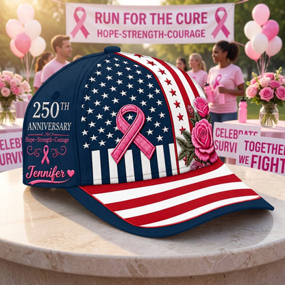 Breast Cancer Awareness 250th Anniversary Personalized Baseball Cap, Custom Name American Flag Pink Ribbon Hat, Survivor Warrior Gift for Women
