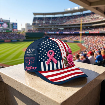Breast Cancer Awareness 250th Anniversary Personalized Baseball Cap, Custom Name American Flag Pink Ribbon Hat, Survivor Warrior Gift for Women