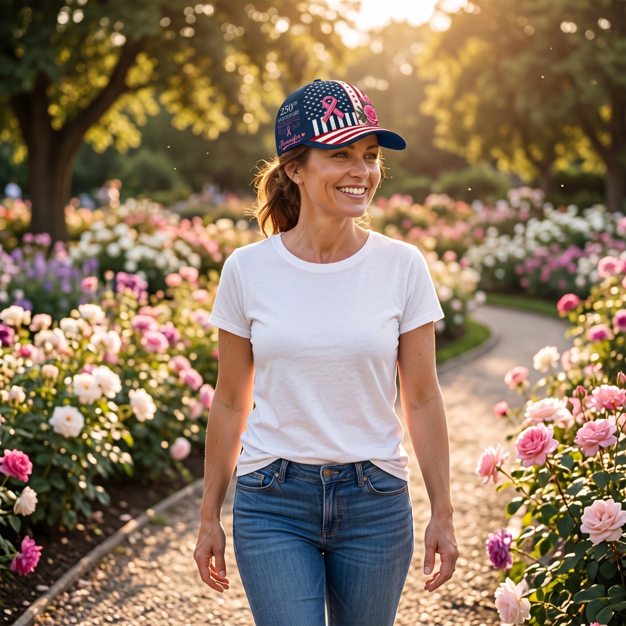 Breast Cancer Awareness 250th Anniversary Personalized Baseball Cap, Custom Name American Flag Pink Ribbon Hat, Survivor Warrior Gift for Women