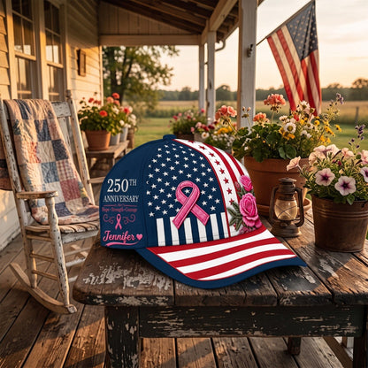 Breast Cancer Awareness 250th Anniversary Personalized Baseball Cap, Custom Name American Flag Pink Ribbon Hat, Survivor Warrior Gift for Women